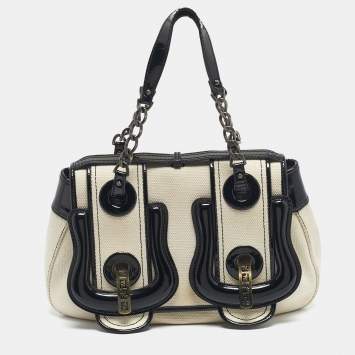 Pre Owned Fendi Black/Off White Patent Leather and Canvas B Shoulder Bag