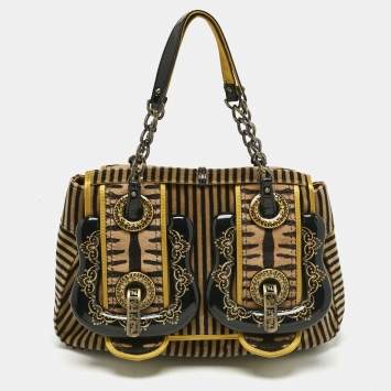 Pre Owned Fendi Brown/Black Stripe Calfhair and Velvet B Bag Shoulder Bag