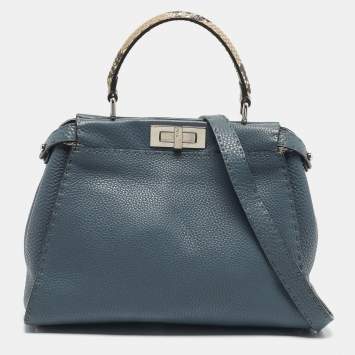 Pre Owned Fendi Blue/Beige Leather and Python Medium Peekaboo Top Handle Bag