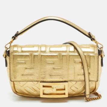 Pre Owned Fendi Gold Zucca Embossed Leather Mini Baguette Chain Bag