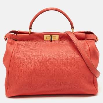 Pre Owned Fendi Coral Orange Selleria Leather Large Peekaboo Tote