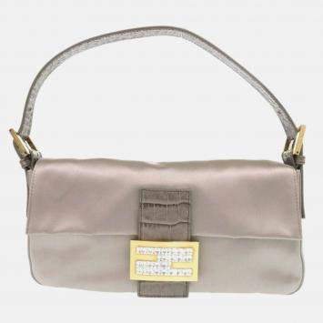 Pre Owned Fendi Mamma Gray Satin and Leather Shoulder Bag