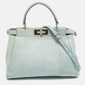Pre Owned Fendi Light Blue Python Regular Peekaboo Top Handle Bag