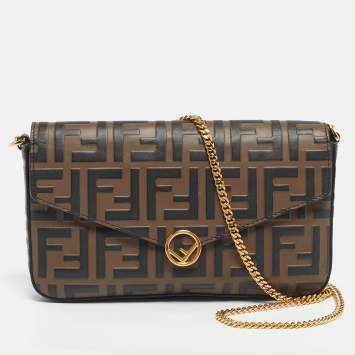 Pre Owned Fendi Tobacco/Black Zucca Embossed Leather Small FF Wallet On Chain