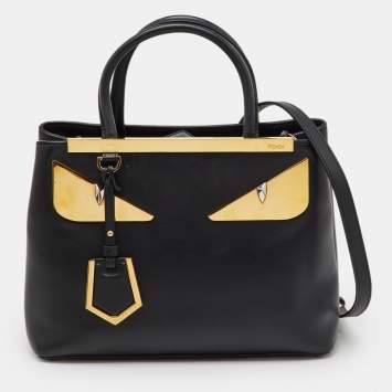 Pre Owned Fendi Black Leather Century Metal Monster Eyes Petite 2Jours Tote