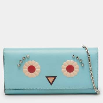 Pre Owned Fendi Light Blue Leather Embellished Wallet On Chain