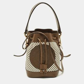 Pre Owned Fendi Brown/White Perforated Leather Mini Mon Tresor Bucket Bag