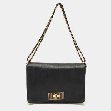 Pre Owned Fendi Black Stripe Embossed Leather Large Claudia Shoulder Bag