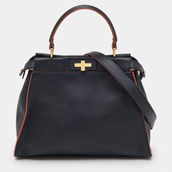 Pre Owned Fendi Navy Blue Leather Medium Peekaboo Top Handle Bag