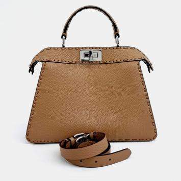 Pre Owned Fendi Selleria Peekaboo I See U Small Beige Leather Handbag