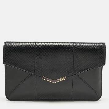 Pre Owned Fendi Black Leather and Snakeskin 2Jours Envelope Clutch