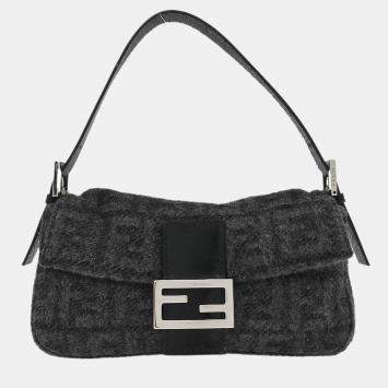 Pre Owned Fendi Gray Wool Zucca Baguette Handbag