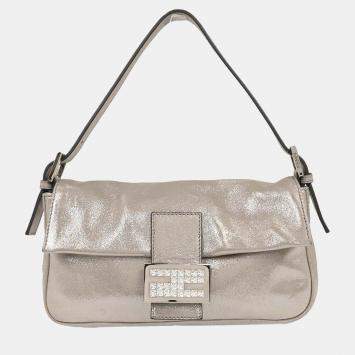 Pre Owned Fendi Metallic Silver Leather Baguette Handbag