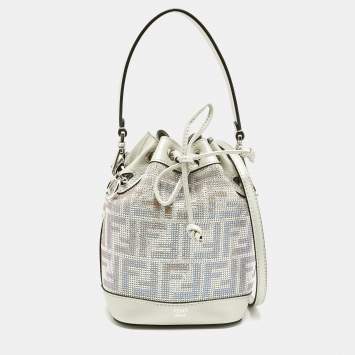 Pre Owned Fendi Grey FF Leather Crystal Mini Mon Tresor Drawstring Bucket Bag