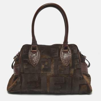 Pre Owned Fendi Dark Brown FF Calf Hair and Leather Medium Du Jour Satchel