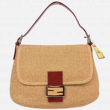 Pre Owned Fendi Beige Straw Mamma Baguette Handbag