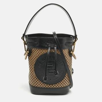 Pre Owned Fendi Black/Brown Perforated Leather Mon Tresor Bucket Bag