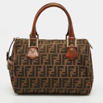Pre Owned Fendi Tobacco Zucca Canvas and Croc Embossed Leather Forever Bauletto Boston Bag