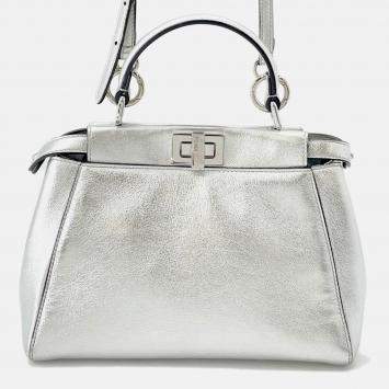 Pre Owned Fendi Peekaboo 2Waybag Silver Leather Size Mini