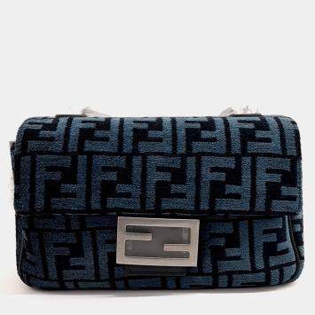 Pre Owned Fendi Blue Fabric Baguette Chain Shoulder Bag