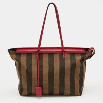 Pre Owned Fendi Tobacco/Magenta Pequin Canvas Medium Roll Shopper Tote