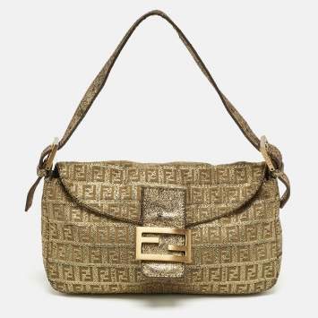 Pre Owned Fendi Gold Zucchino Lurex Fabric Forever Baguette Bag