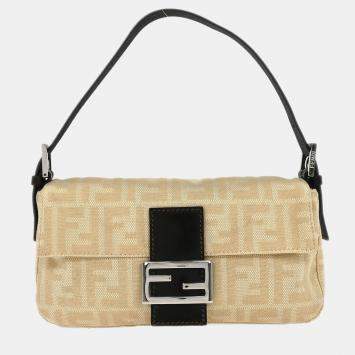Pre Owned Fendi Beige Zucca Baguette Handbag