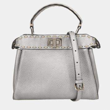 Pre Owned Fendi Metallic Silver Leather Peekaboo 2way Handbag