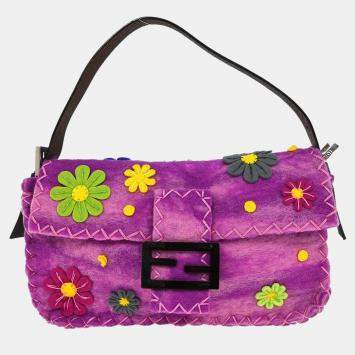 Pre Owned Fendi Purple Wool Floral Handbag