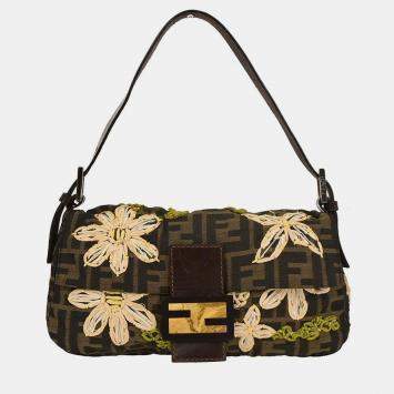 Pre Owned Fendi Brown Zucca Floral Baguette Handbag 2378-26424-008