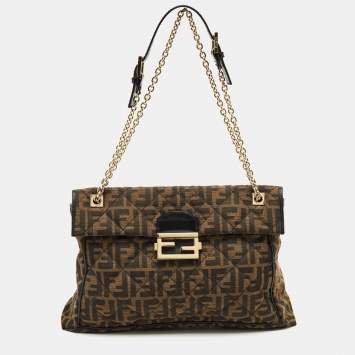 Pre Owned Fendi Tobacco Zucca Canvas and Leather Maxi Baguette Flap Bag
