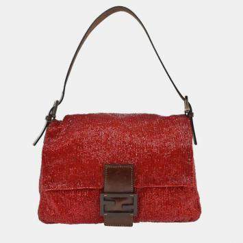 Pre Owned Fendi Red Beaded Mamma Baguette Handbag