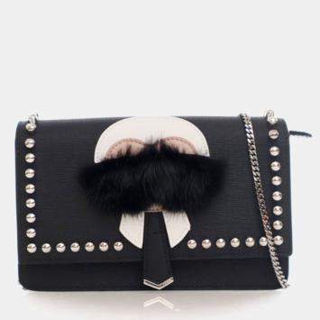 Pre Owned Fendi Karl Lagerfeld Black Calf Leather Wallet On Chain
