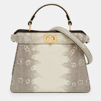 Pre Owned Fendi Grey/White Lizard Peekaboo ISeeU Petite Top Handle Bag