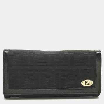 Pre Owned Fendi Black Zucca Fabric and Leather Logo Trifold Continental Wallet