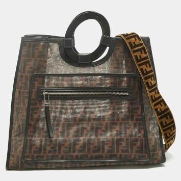 Pre Owned Fendi Tobacco/Black FF Mesh and Leather Large Runaway Shopper Tote