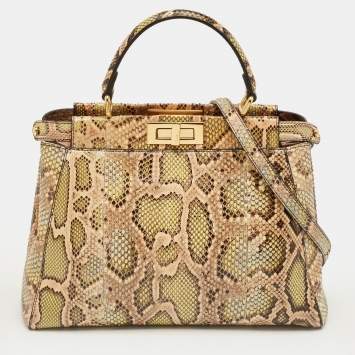 Pre Owned Fendi Green/Beige Python Medium Peekaboo Top Handle Bag