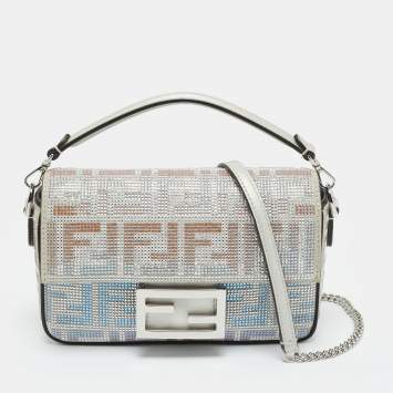 Pre Owned Fendi Silver Suede FF Iridescent Crystals Mini Baguette Bag