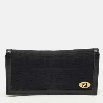 Pre Owned Fendi Black Zucca Canvas Flap Continental Wallet