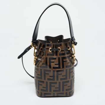 Pre Owned Fendi Brown/Black Zucca Leather Mini Mon Tresor Drawstring Bucket Bag