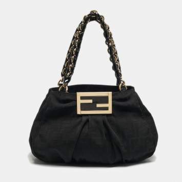 Pre Owned Fendi Mia Small Black Zucca Canvas and Patent Leather Tote