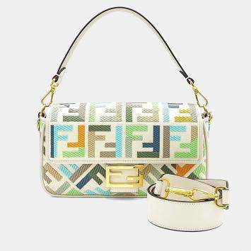 Pre Owned Fendi Cream Multicolor Fabric Baguette Bag