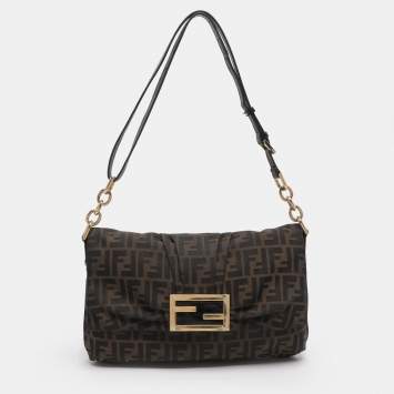 Pre Owned Fendi Mia Large Brown Zucca Canvas and Patent Leather Shoulder Bag