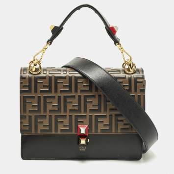 Pre Owned Fendi Kan I Medium Black/Brown FF Leather Top Handle Bag