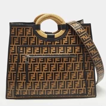 مملوكة مسبقًا Fendi Runaway Large Black/Brown Zucca Leather and Raffia Shopper Tote