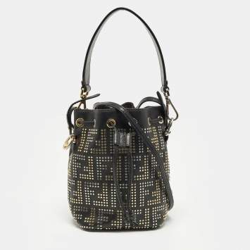 Pre Owned Fendi FF Studded Mon Tresor Mini Black Leather Bucket Bag