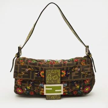 مملوكة مسبقًا Fendi Beaded Baguette Tobacco/Green Zucca Canvas and Lizard Flap Bag
