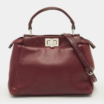 Pre Owned Fendi Peekaboo Mini Burgundy Leather Top Handle Bag