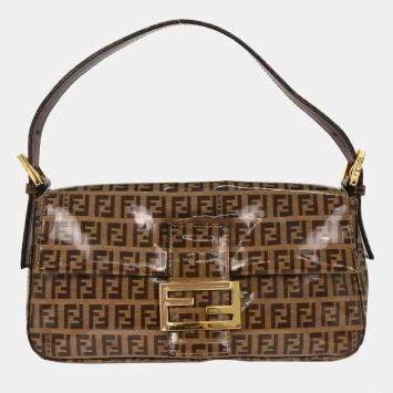 Pre Owned Fendi Baguette Brown Zucchino Canvas Shoulder Bag