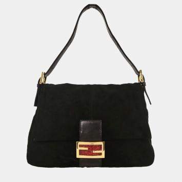 Pre Owned Fendi Mamma Baguette Black Suede Shoulder Bag